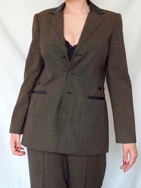 Conrad C Collection Brown 90s Tailored Blazer with Leather Detail